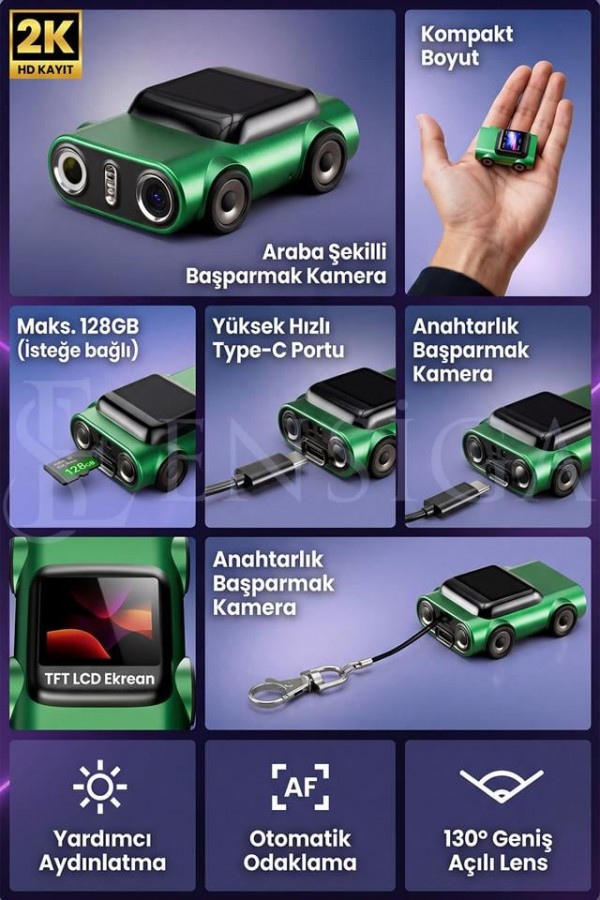 Fenerli Mini Araç Tasarımlı Kamera Video Kayıt Gece Işığı LCD Ekran Mini Kayıt Cihazı Anahtarlık