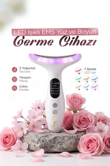LED Işıklı EMS Yüz ve Boyun Germe Cihazı Isıtmalı Masaj Aleti Cilt Sıkılaştırıcı Bakım Seti