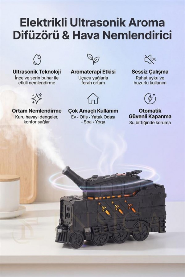 Tren Tasarımlı LED Işıklı Aroma Difüzör & Hava Nemlendirici